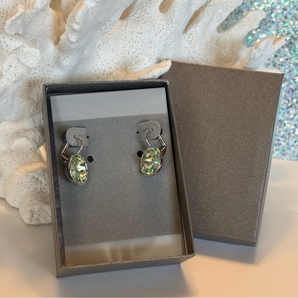Light Lime Green Small Bella-Style Swarovski Crystal Rhodium Leverback Earrings - Picture 15 of 16